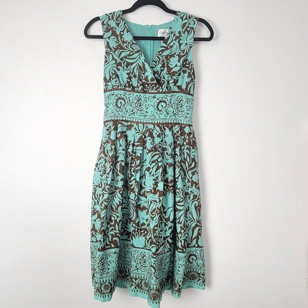 Y2K Chadwick’s Brown Aqua Floral Fit & Flare Cotton Dress Boho Garden Party